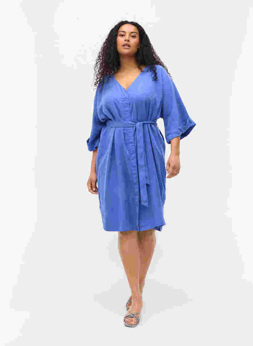 Kjole med 3/4 ærmer og bindebånd, Dazzling Blue, Model image number 2