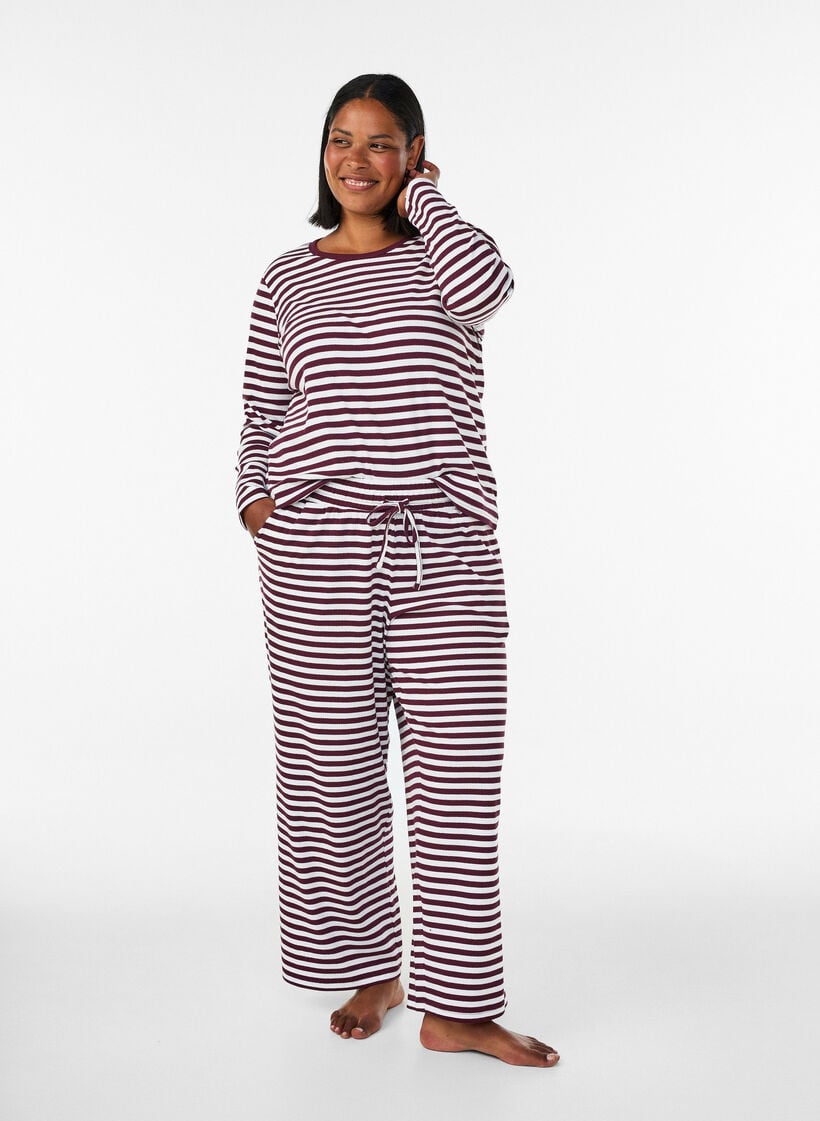 Stribede natbukser med h&oslash;j talje og brede ben, R&oslash;d, Model image number 0