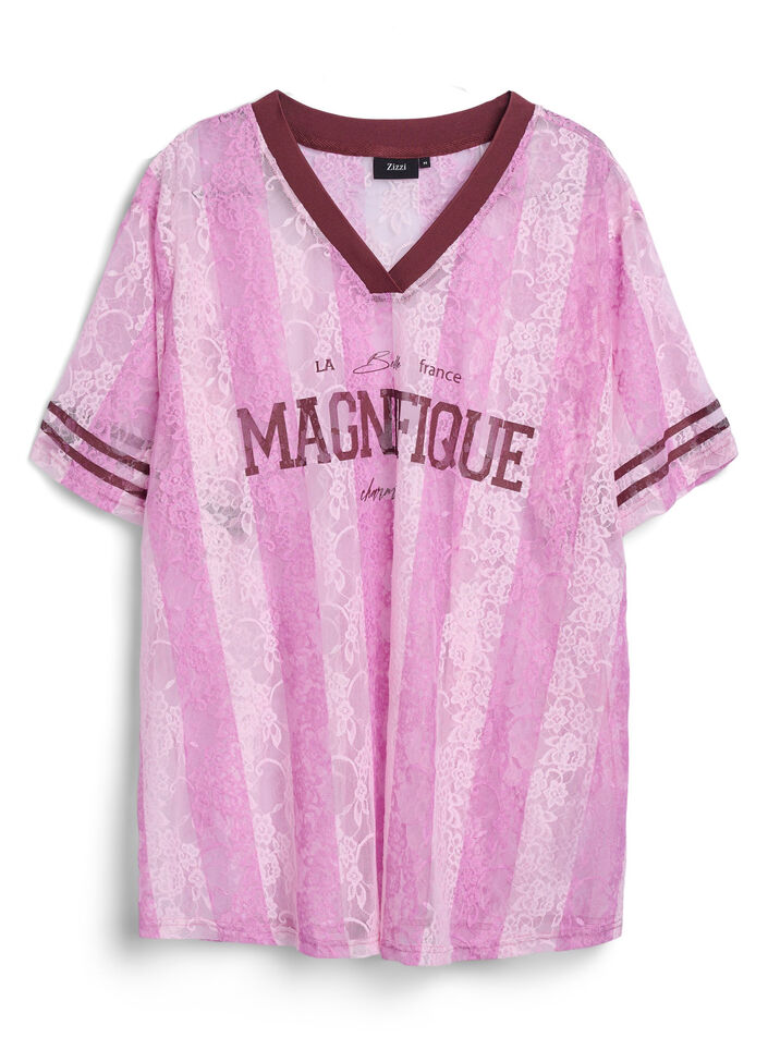 Stribet blondebluse med statementprint, Lyserød, Packshot image number 0