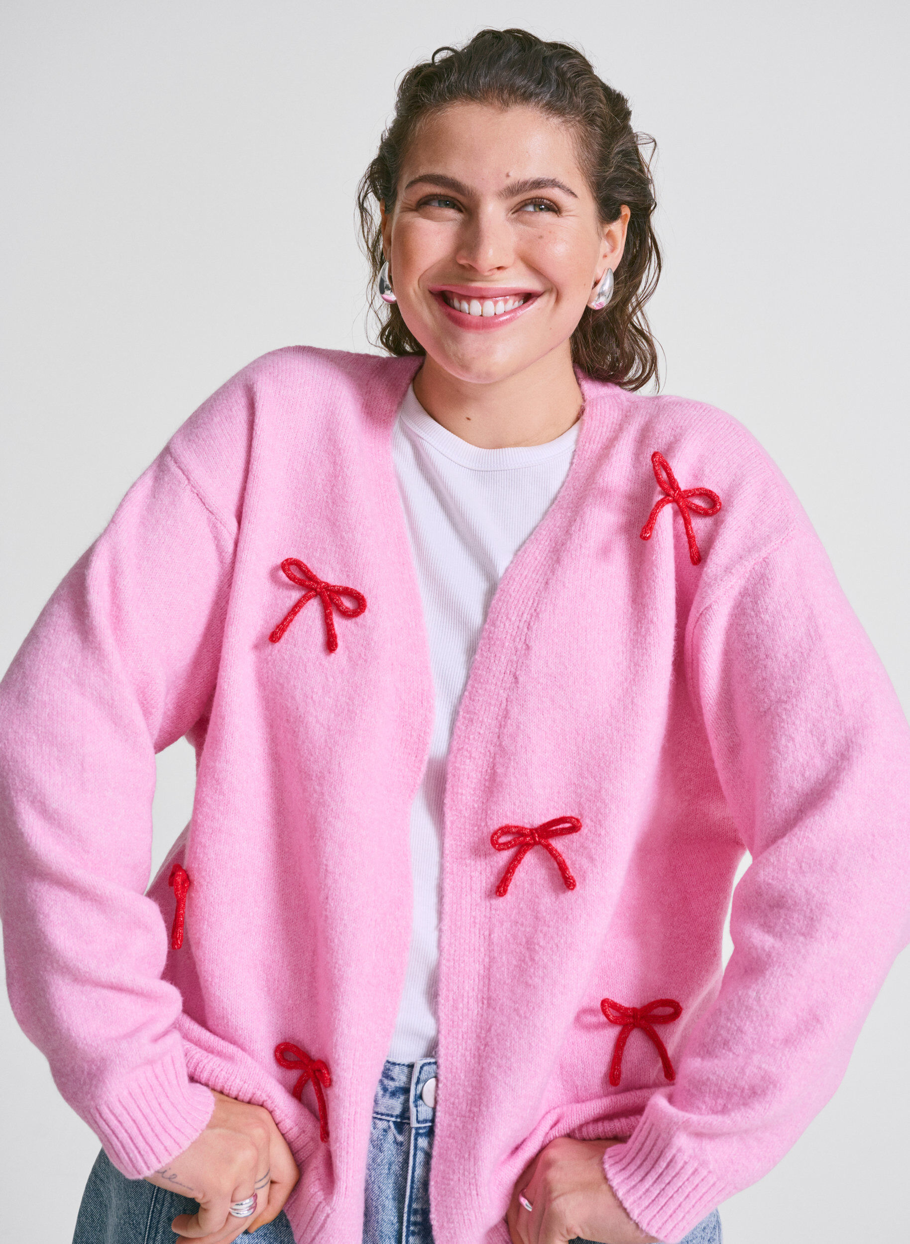 Zizzi Kort strikcardigan med sl&oslash;jfer, Begonia Pink Comb, Image image number 0