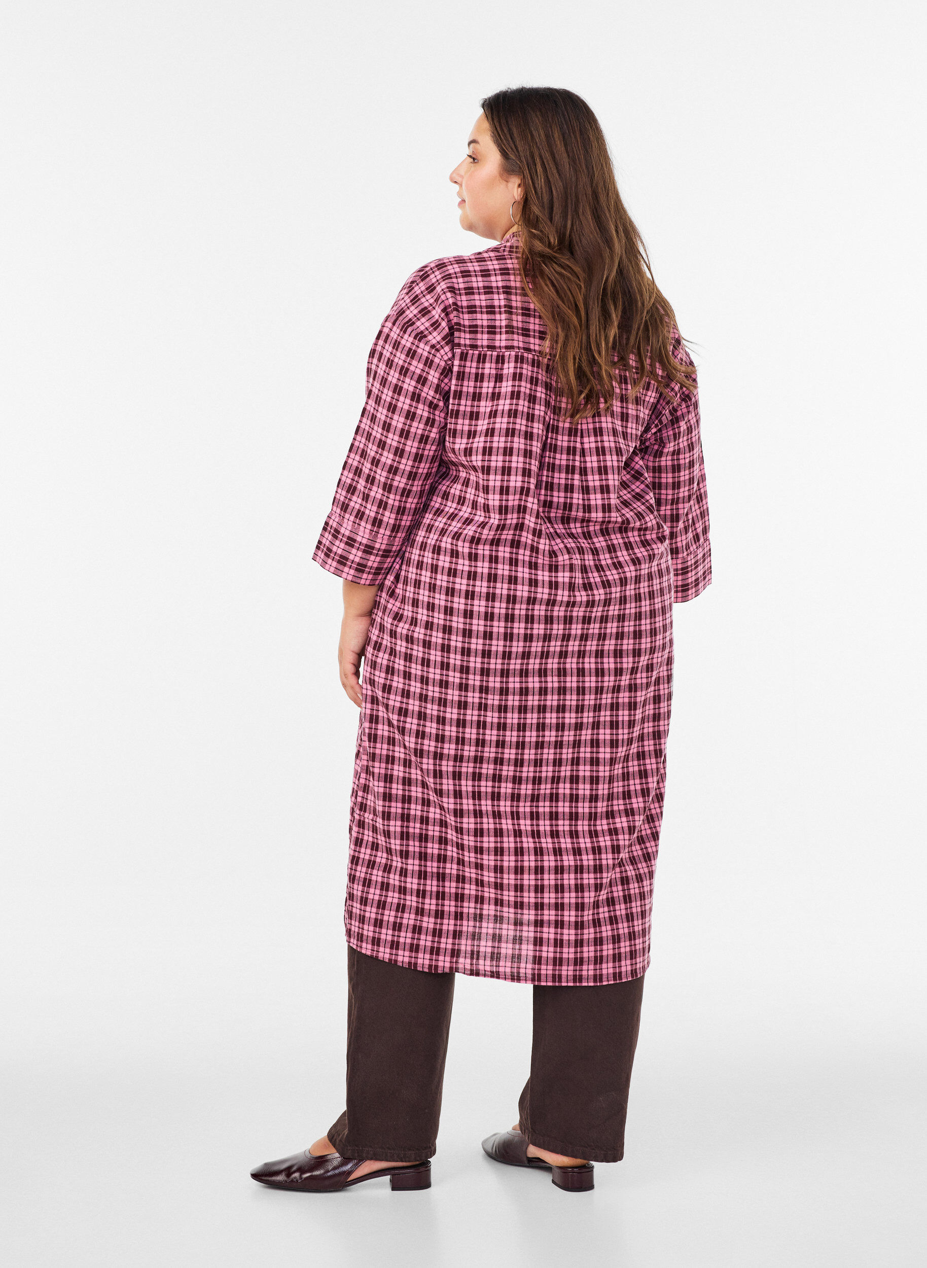 ZizziLang skjorte med tern og 3/4-&aelig;rmer, Lyser&oslash;d, Model image number 1