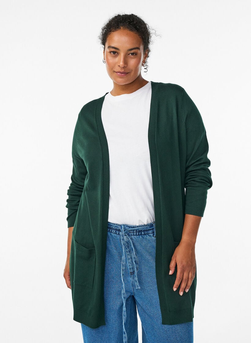 Lang strikcardigan i viskosemix, Gr&oslash;n, Model image number 0