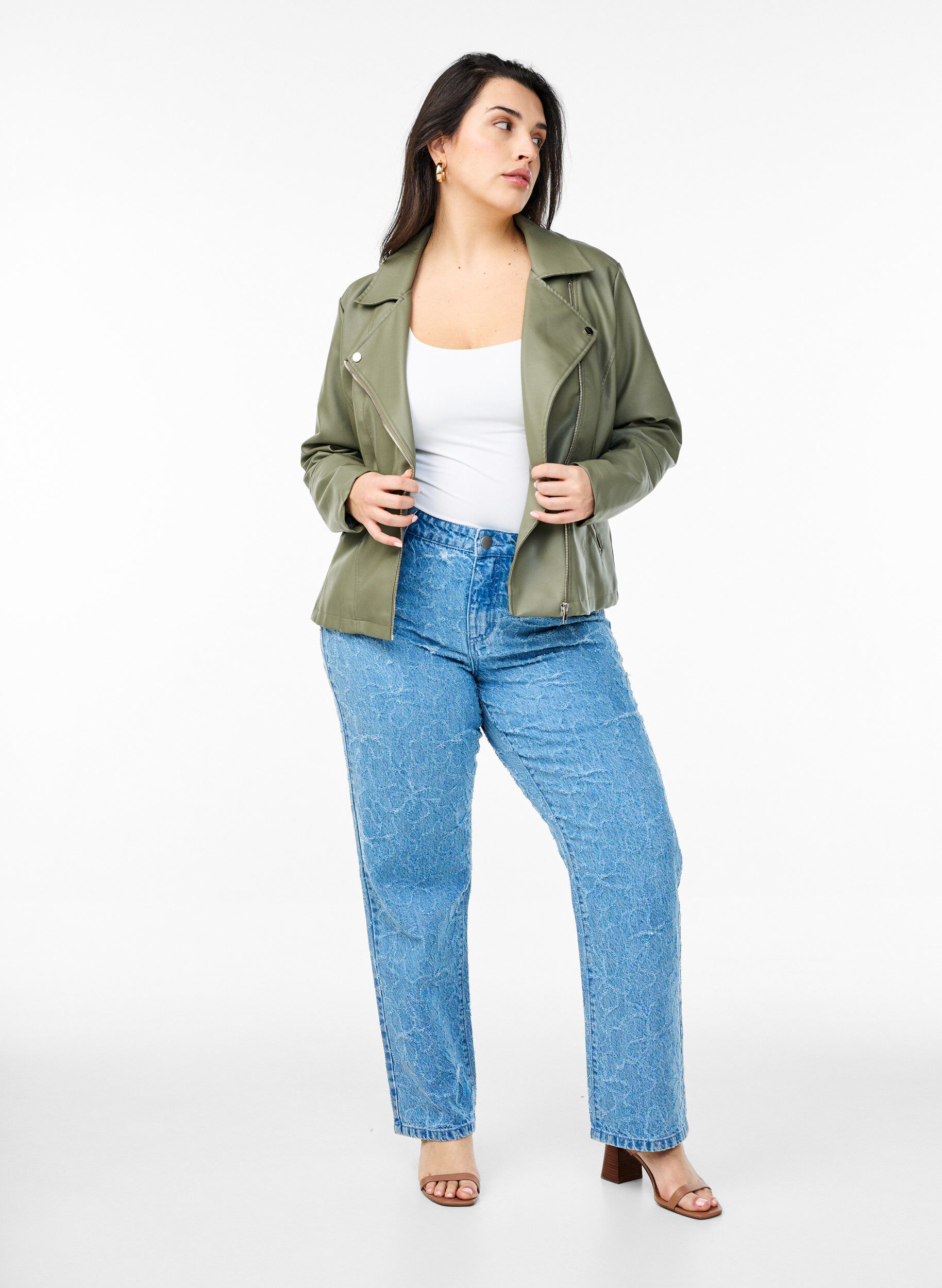 Zizzi Bikerjakke i imiteret l&aelig;der , Gr&oslash;n, Model image number 1