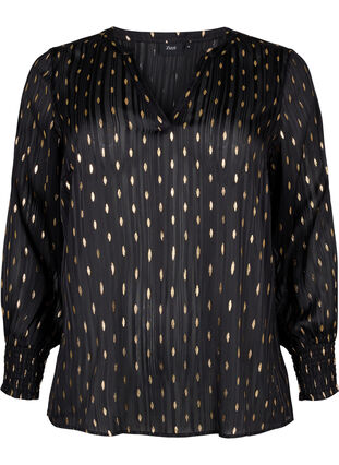 Printet bluse med smock og v-hals, Black w. Gold, Packshot image number 0