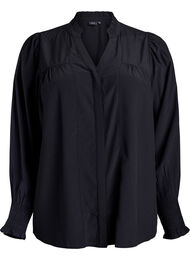 Skjortebluse med fl&aelig;sekrave og rynkedetaljer, Sort