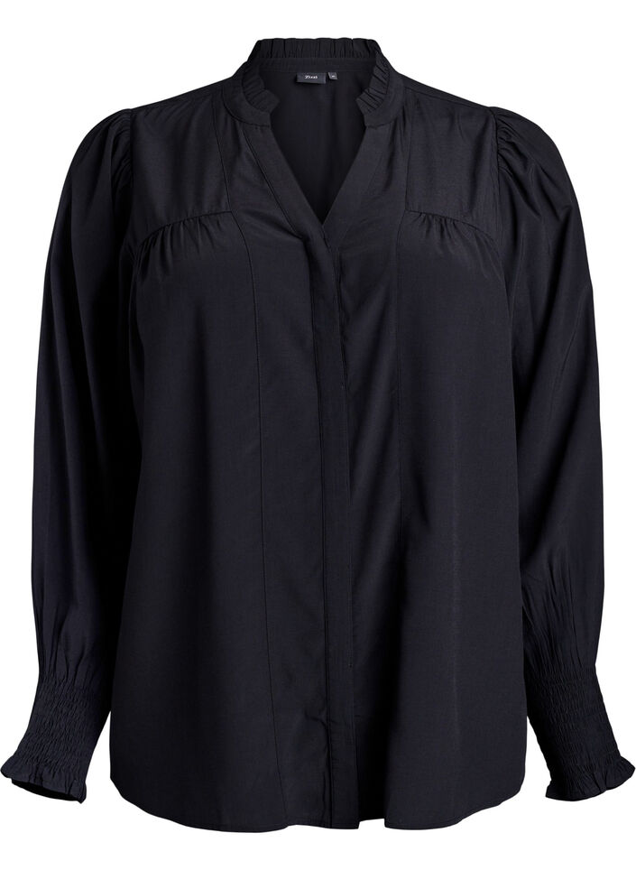 Skjortebluse med fl&aelig;sekrave og rynkedetaljer, Sort, Packshot image number 0