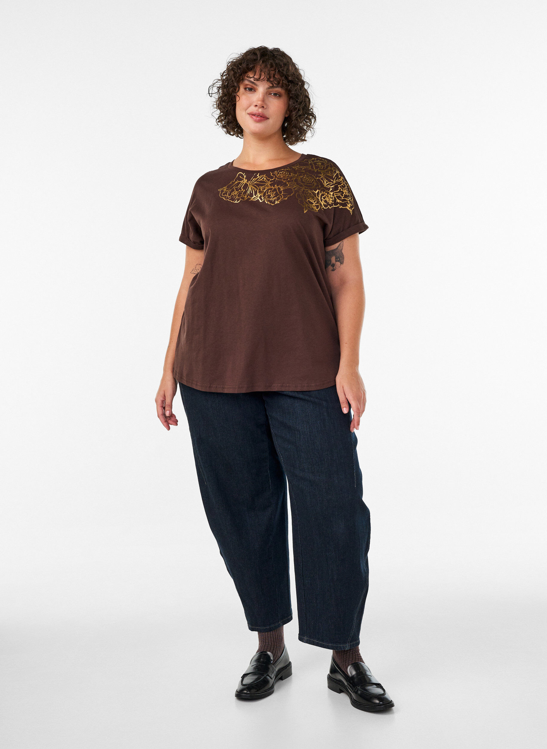 ZizziT-shirt i bomuld med blomstermotiv, Brun, Model image number 1