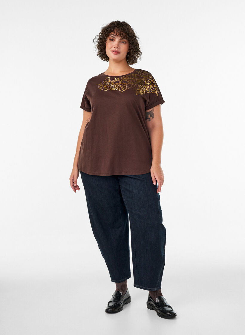 T-shirt i bomuld med blomstermotiv, Brun, Model image number 1
