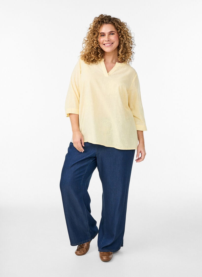Bluse i bomuld med broderede detaljer og 3/4 &aelig;rmer, Gul, Model image number 1
