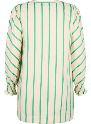 Stribet tunika i bomuld med smock og flæser, Beige Green Stripe, Packshot image number 1