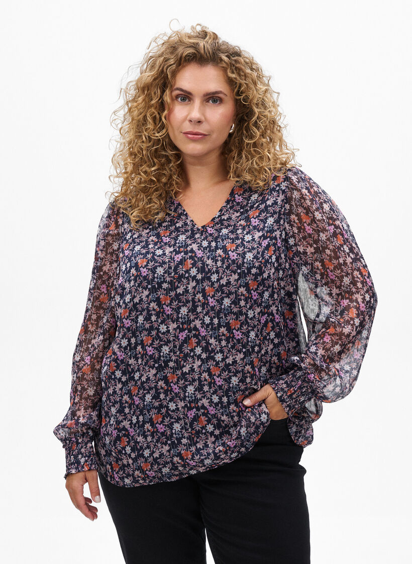 Bluse med blomsterprint og glittertr&aring;d, Bl&aring;, Model image number 0