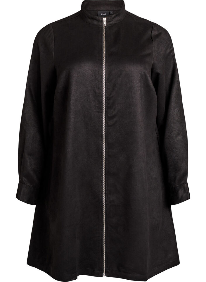 Lang skjorte i imiteret ruskind med lynlås, Sort, Packshot image number 0