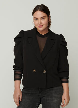 Tætsiddende mesh bluse med høj hals, Black, Model image number 2