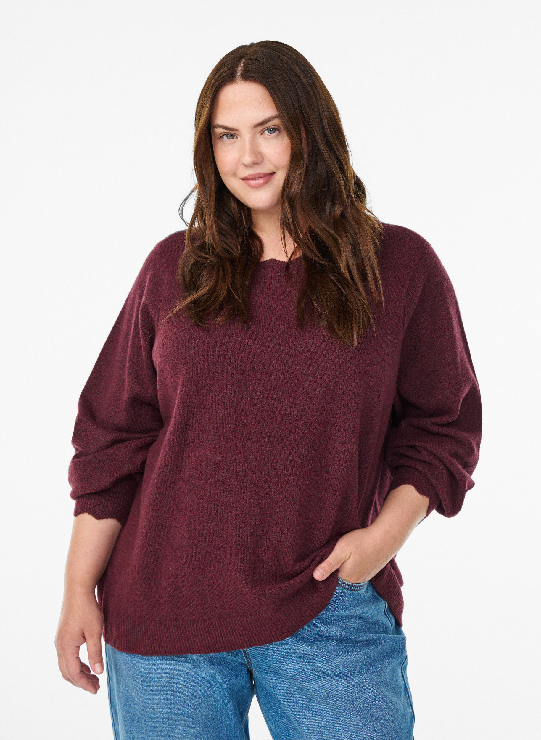 ZizziStrikbluse med b&oslash;lgekanter., M&oslash;rk Bordeaux, Model image number 0