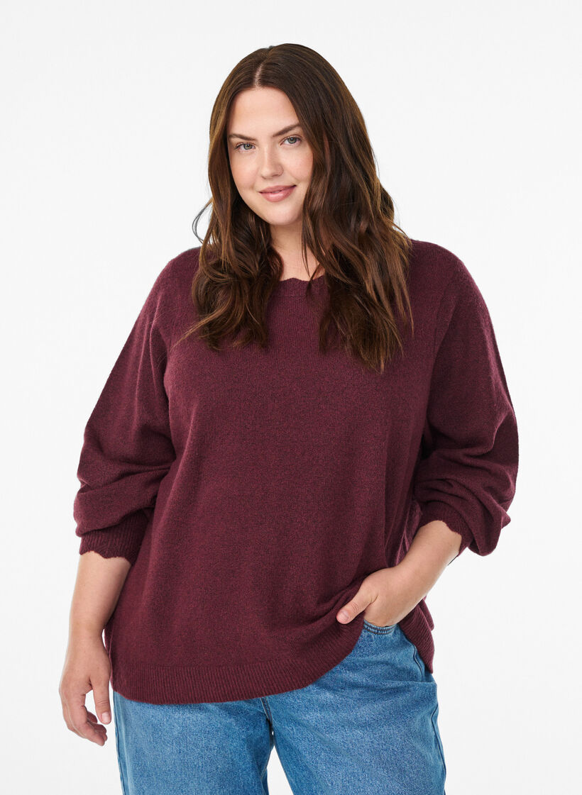 Strikbluse med b&oslash;lgekanter., M&oslash;rk Bordeaux, Model image number 0