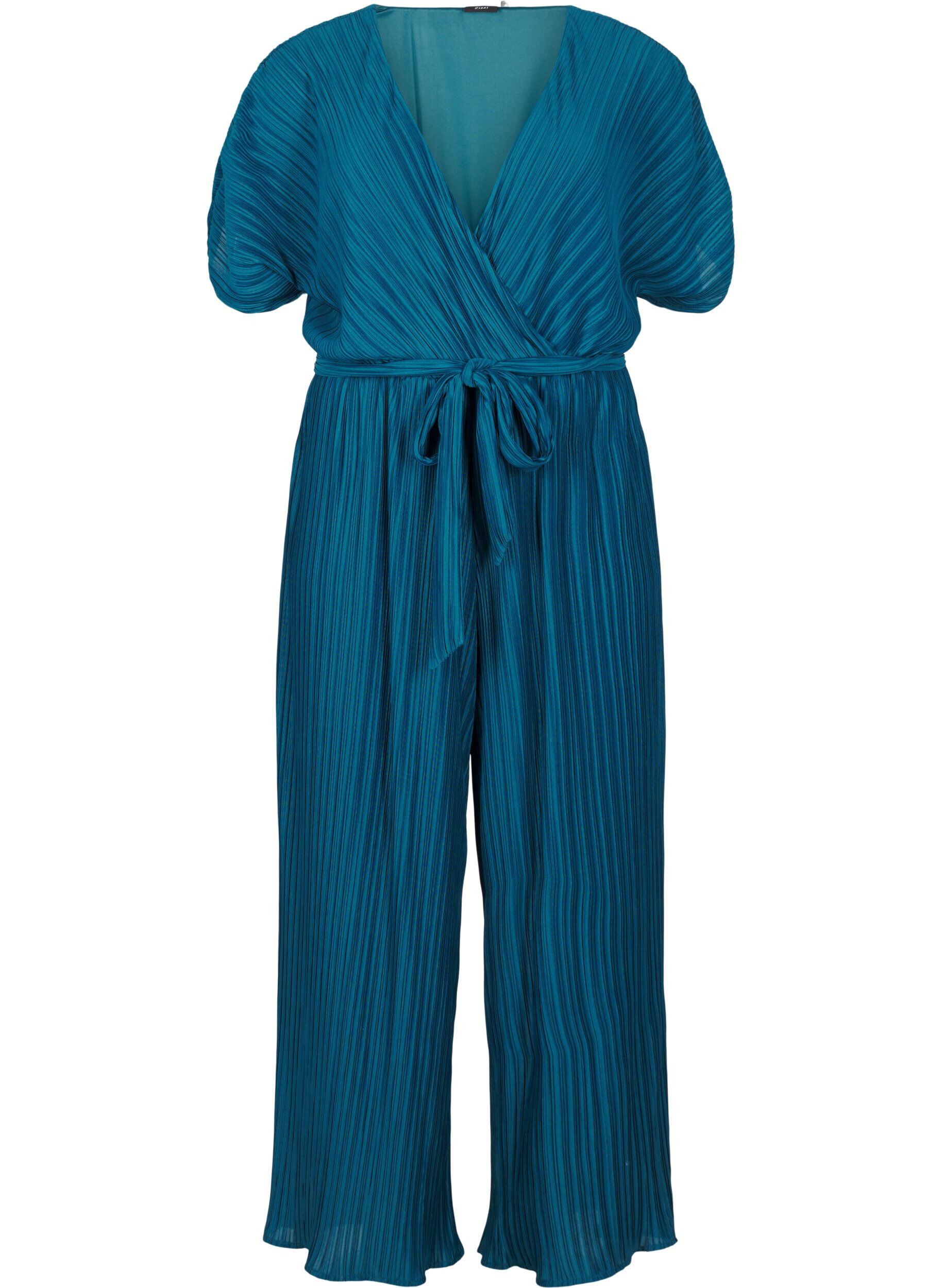 Zizzi Plisseret jumpsuit med bindeb&aring;nd og vide &aelig;rmer, Bl&aring;, Packshot image number 0