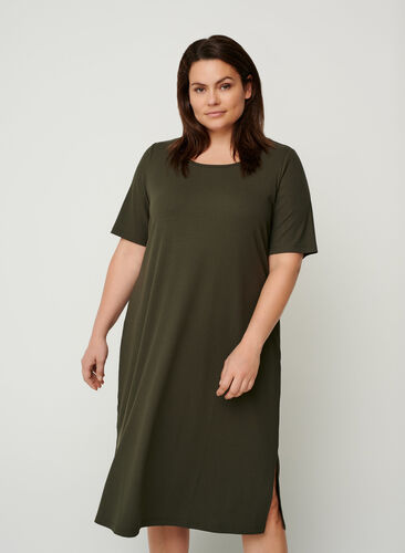 Rib kjole med korte ærmer, Dark Green, Model image number 0