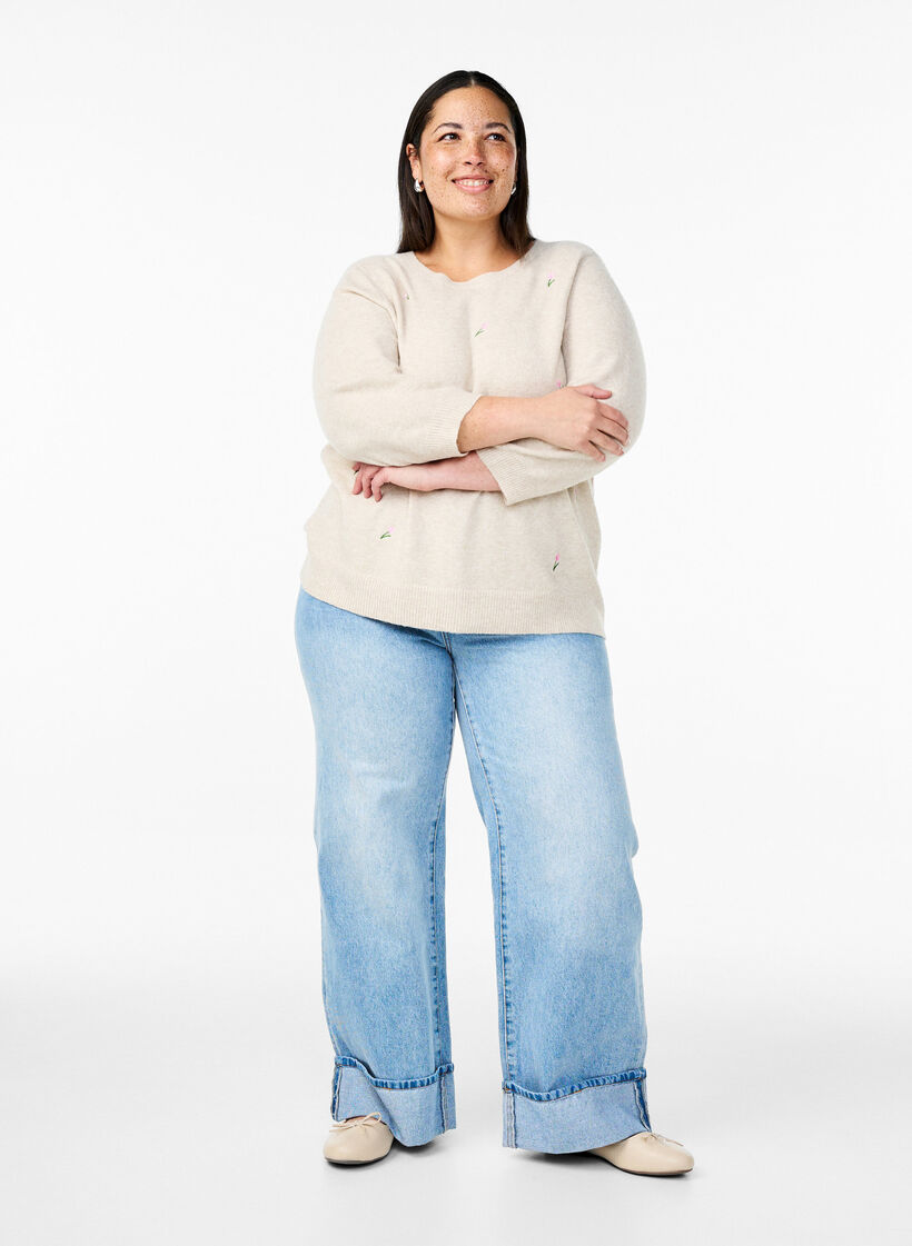 Strikbluse med blomster og 3/4 ærmer, Pumice Stone Mel., Model image number 2