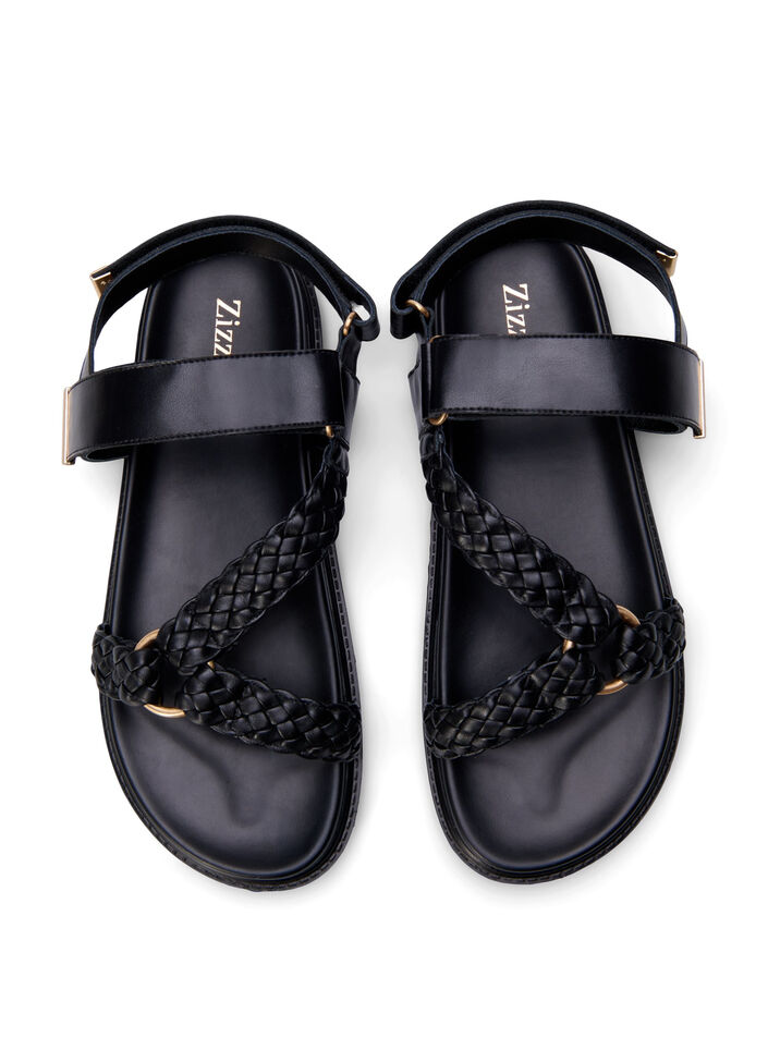 Wide fit - Lædersandal med fletremme, Sort, Packshot image number 2