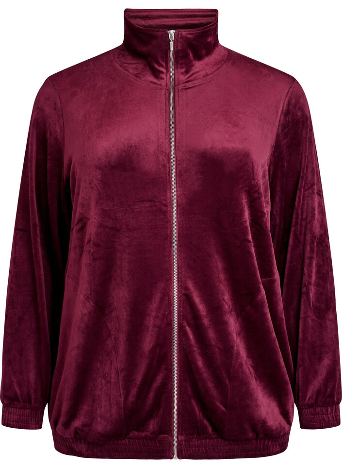 Cardigan i bl&oslash;d velour med lynl&aring;s og h&oslash;j krave, M&oslash;rk Bordeaux, Packshot image number 0