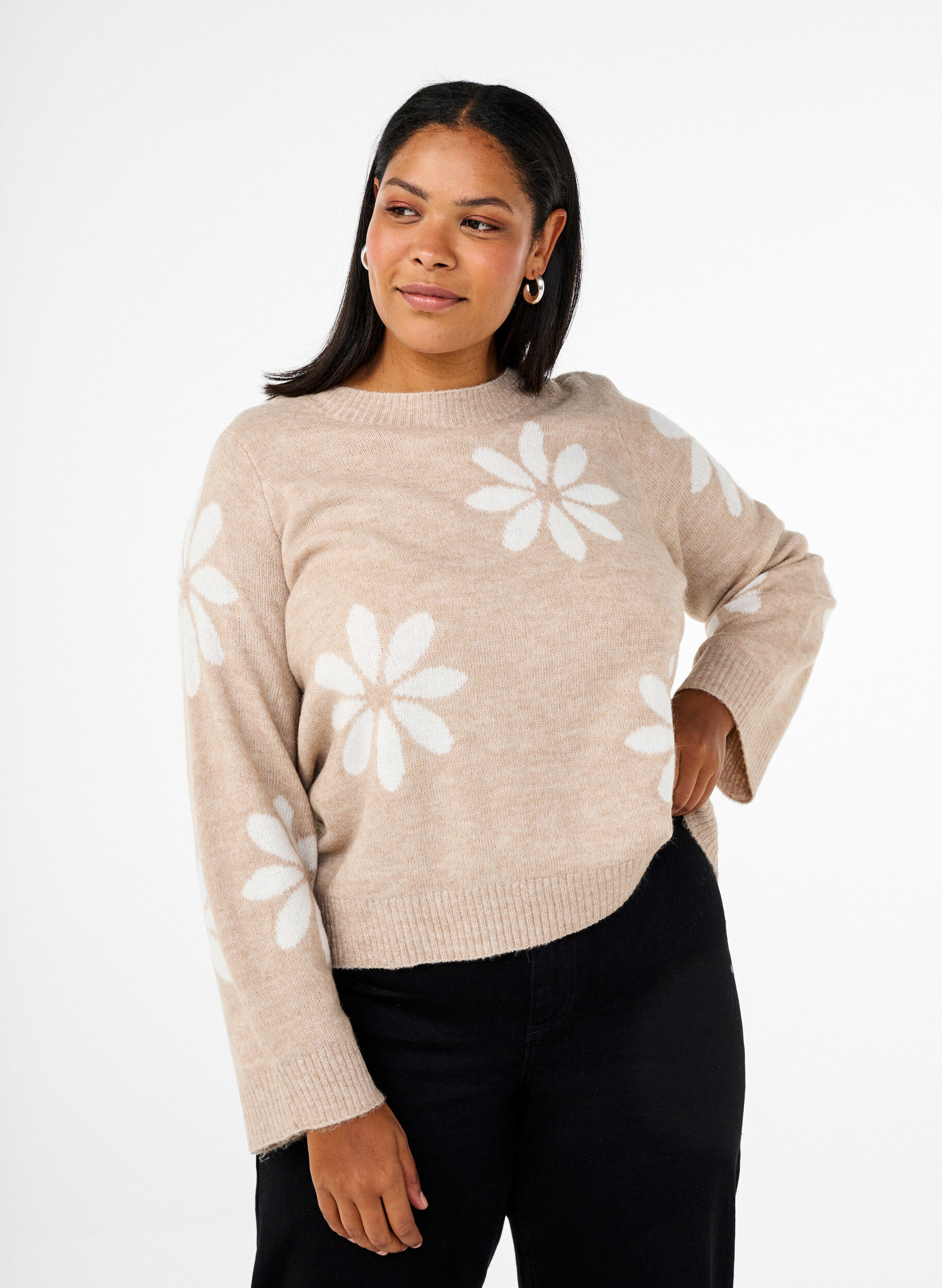 Zizzi Strikbluse med blomster, Simply Taupe Comb, Model image number 0