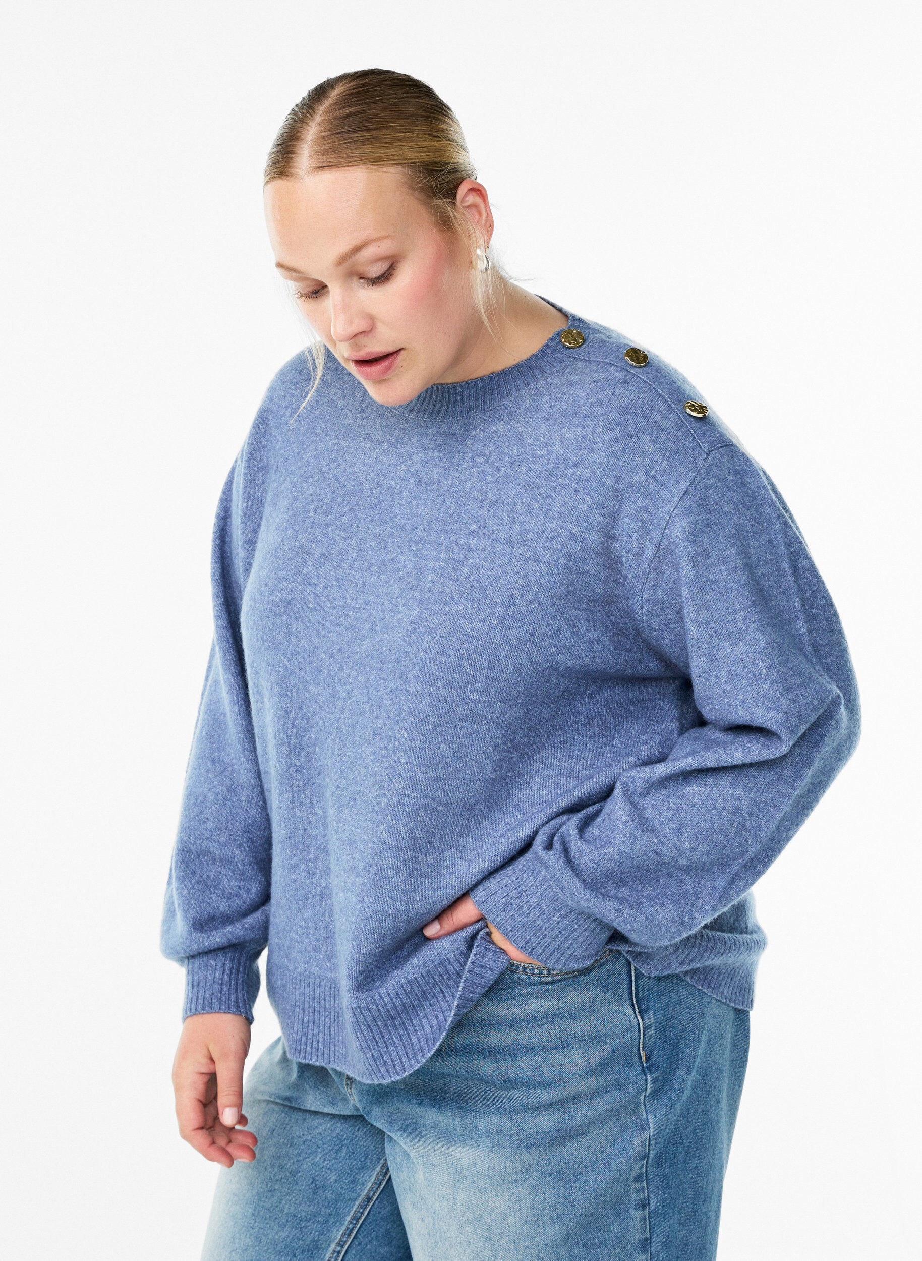 ZizziStrikbluse med knapdetalje, Bl&aring;, Model image number 0