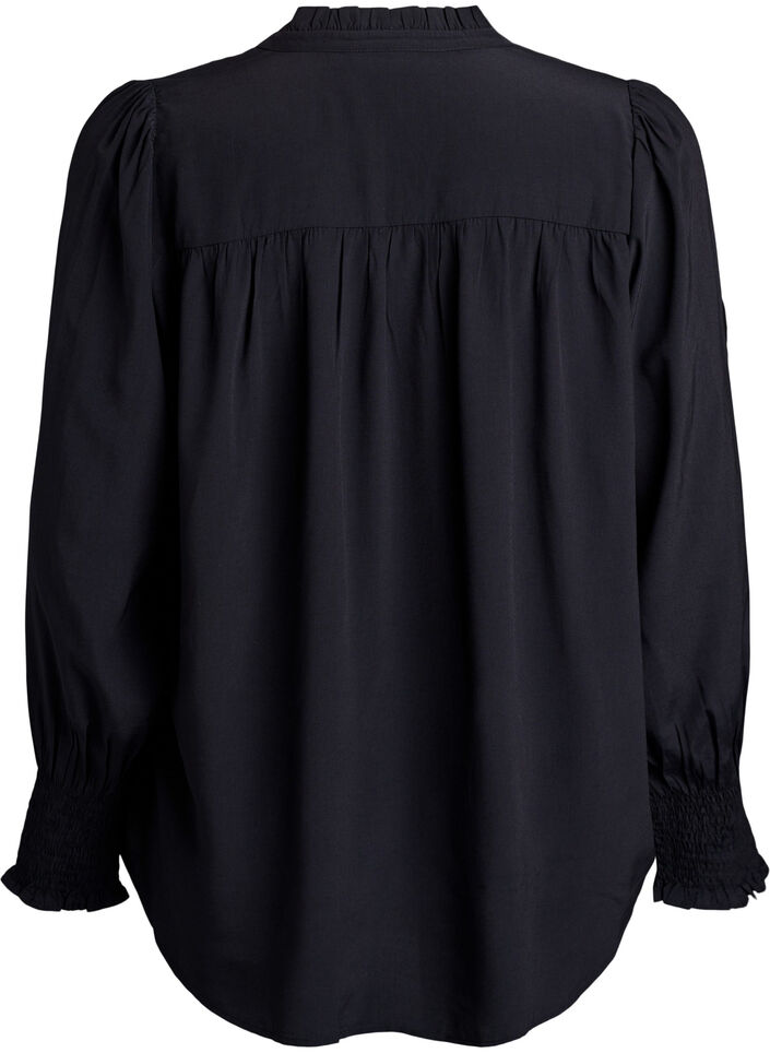 Skjortebluse med fl&aelig;sekrave og rynkedetaljer, Sort, Packshot image number 1