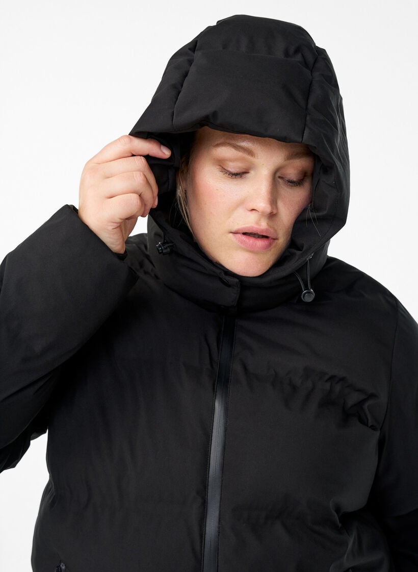 Kort pufferjakke med aftagelig h&aelig;tte, Sort, Model image number 3