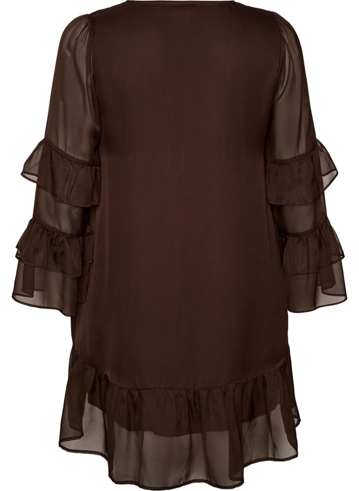 Kort kjole med transparente fl&aelig;se&aelig;rmer, Brun, Packshot image number 1