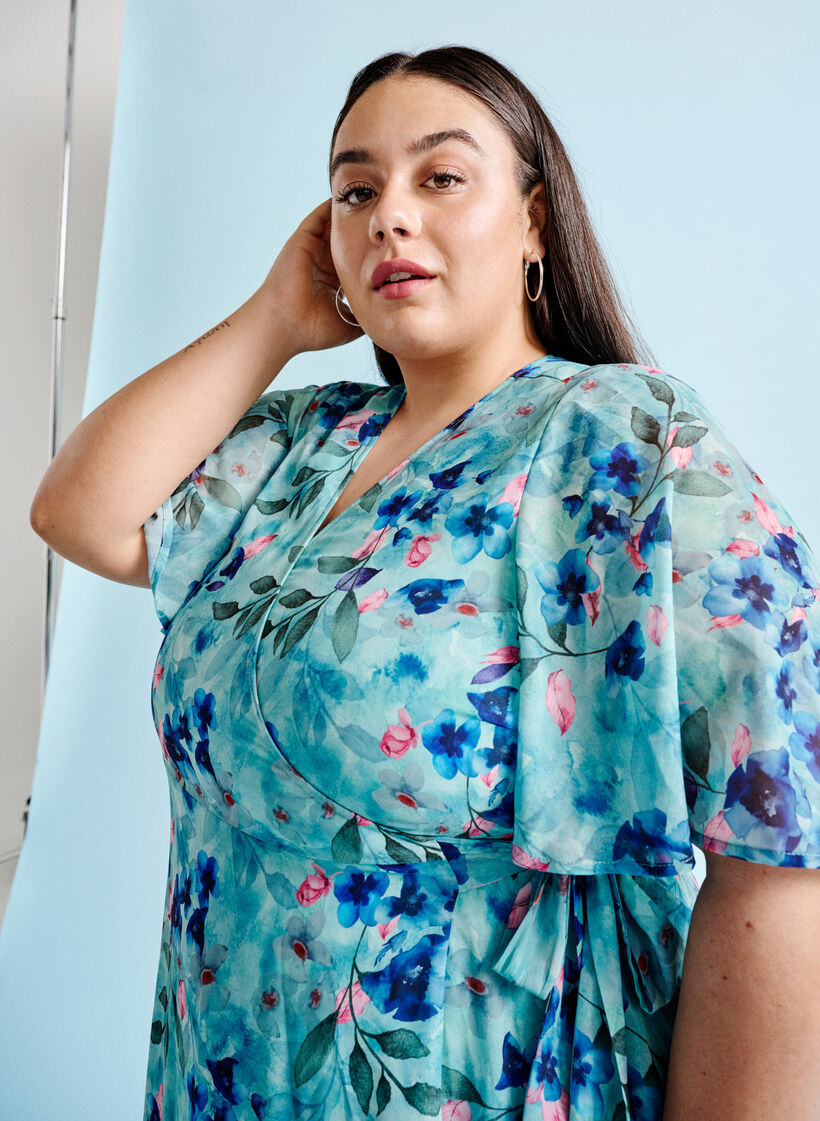 Kortærmet wrapkjole med blomsterprint, Trellis AOP, Image image number 1