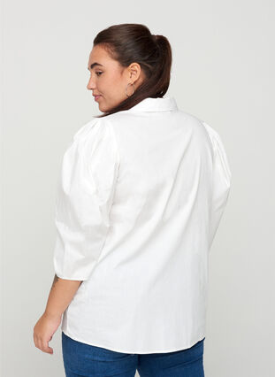 Bomulds skjorte med 3/4 pufærmer, Bright White, Model image number 1