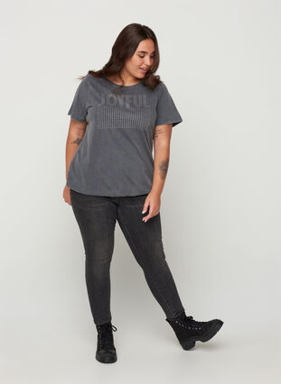 Bomulds t-shirt med nitter og smock, Grey Wash, Model image number 2
