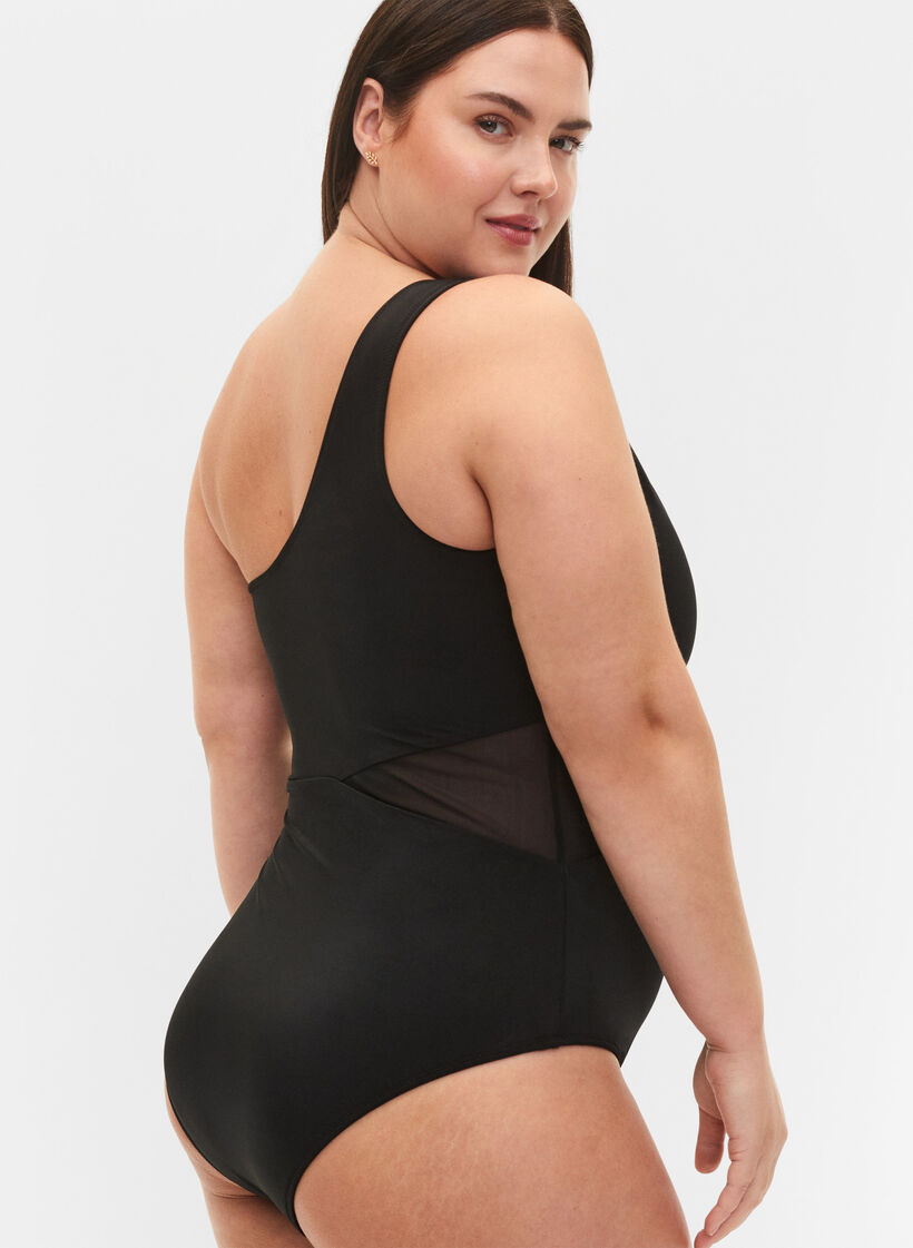 One-shoulder badedragt med mesh, Black, Model image number 3
