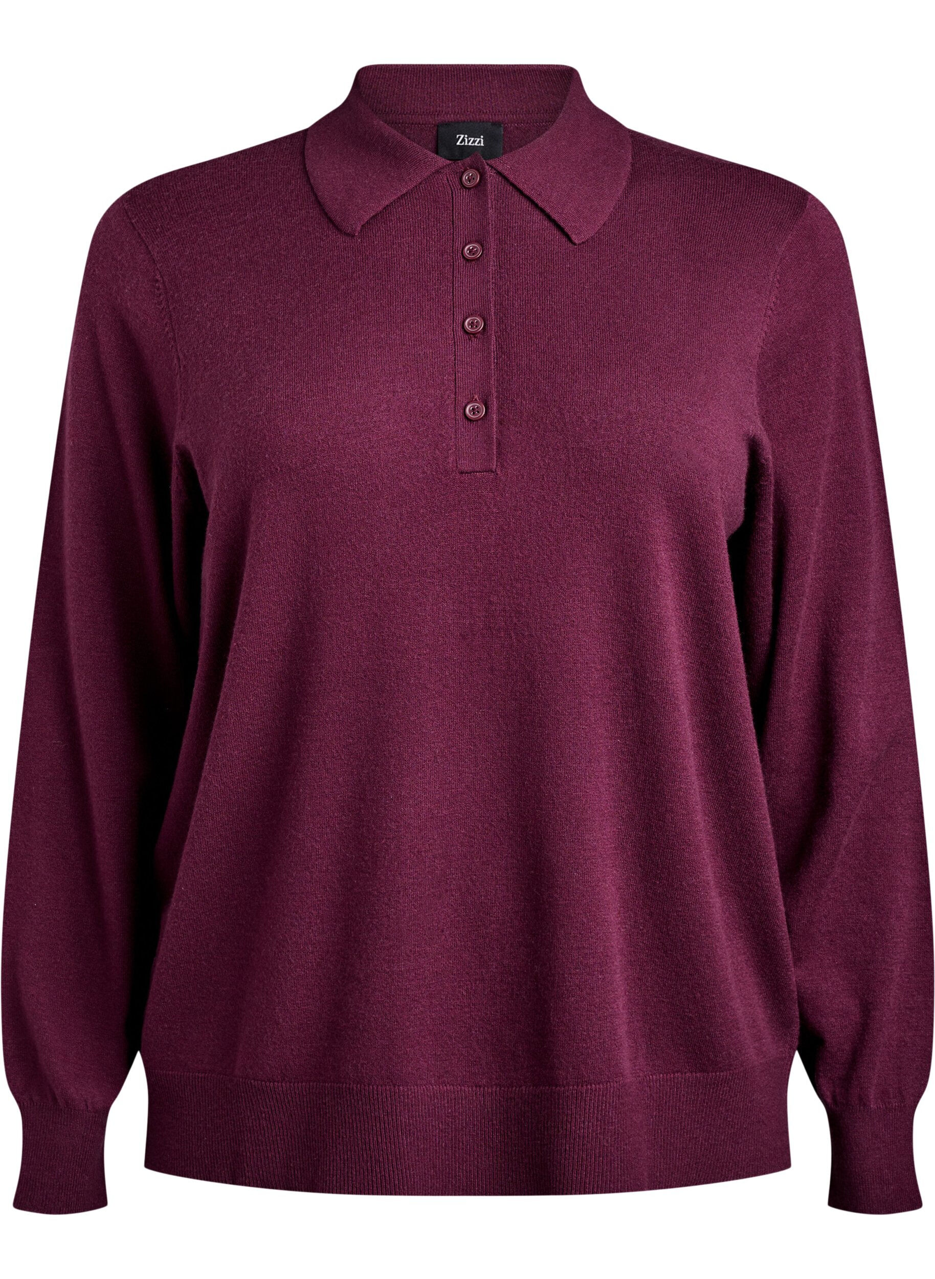 Zizzi Strikbluse med polokrave, M&oslash;rk Bordeaux, Packshot image number 0