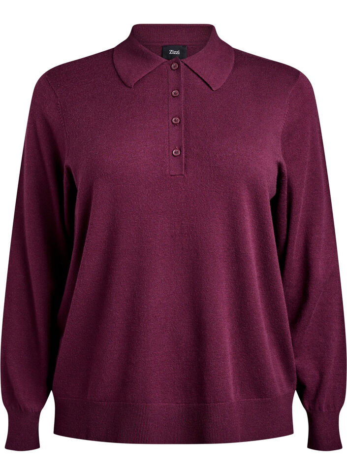Strikbluse med polokrave, Mørk Bordeaux, Packshot image number 0