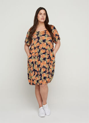 Kortærmet viskose kjole med print, Orange Leaf, Model image number 2