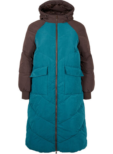 Lang colorblock vinterjakke med hætte, Deep Teal Comb, Packshot image number 0