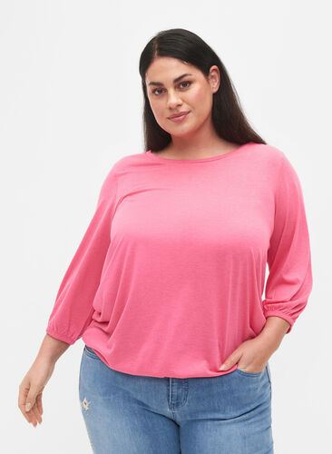 Ensfarvet bluse med 3/4 ærmer, Hot Pink Mel., Model image number 0