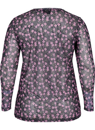 Langærmet mesh bluse med blomsterprint, Flower AOP, Packshot image number 1