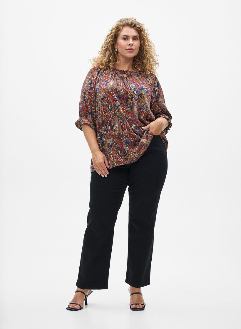 Viskosebluse med paisleyprint og halvlange &aelig;rmer, Bl&aring;, Model image number 1