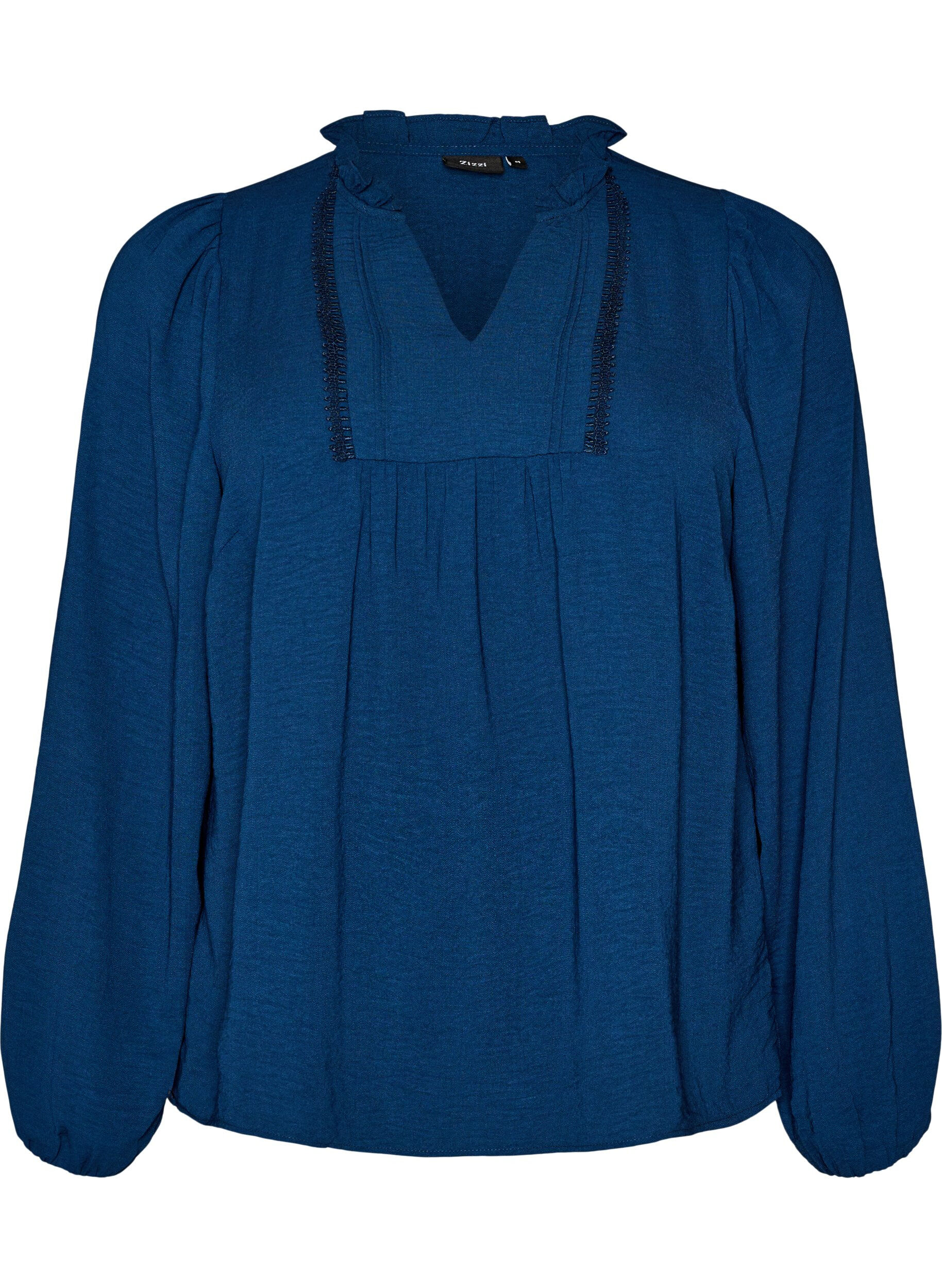 ZizziBluse med V-udsk&aelig;ring og crochetb&aring;nd, Bl&aring;, Packshot image number 0
