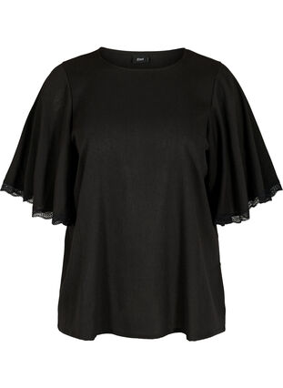 Bluse med brede 2/4 ærmer og blondedetaljer, Black, Packshot image number 0