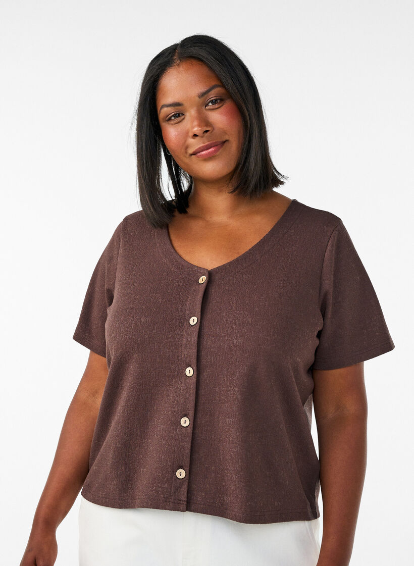Bluse i bomuld med struktur og knaplukning, Brun, Model image number 0