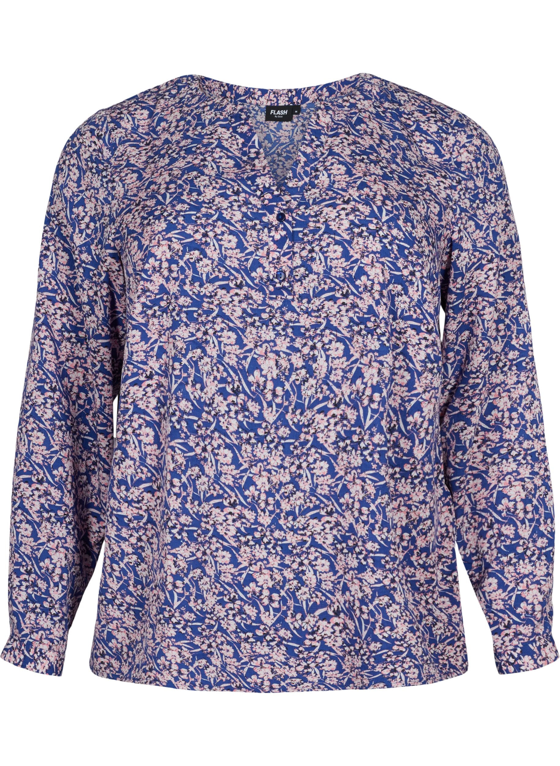 Zizzi FLASH - Lang&aelig;rmet bluse med print, Strong Blue Flower, Packshot image number 0