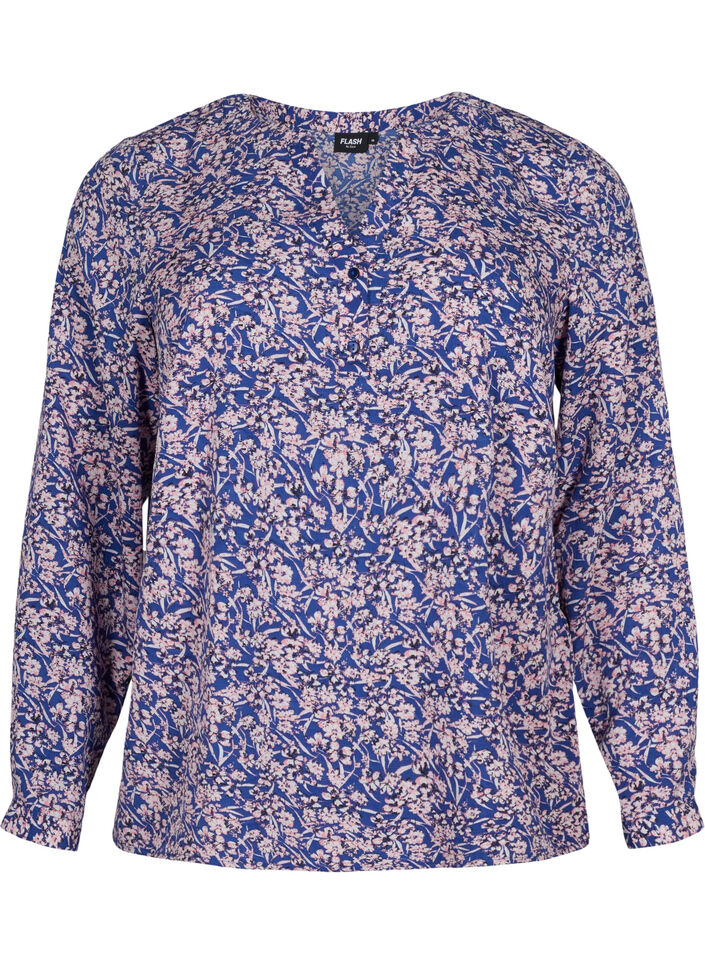 FLASH - Langærmet bluse med print, Strong Blue Flower, Packshot image number 0