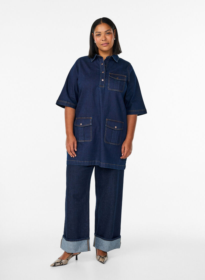 Denimkjole med store lommer og 3/4 ærmer, Blå, Model image number 1