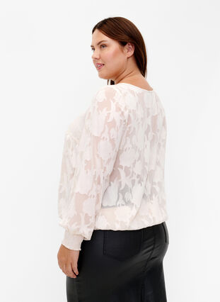 Jacquard bluse med smock, Warm Off-white, Model image number 1