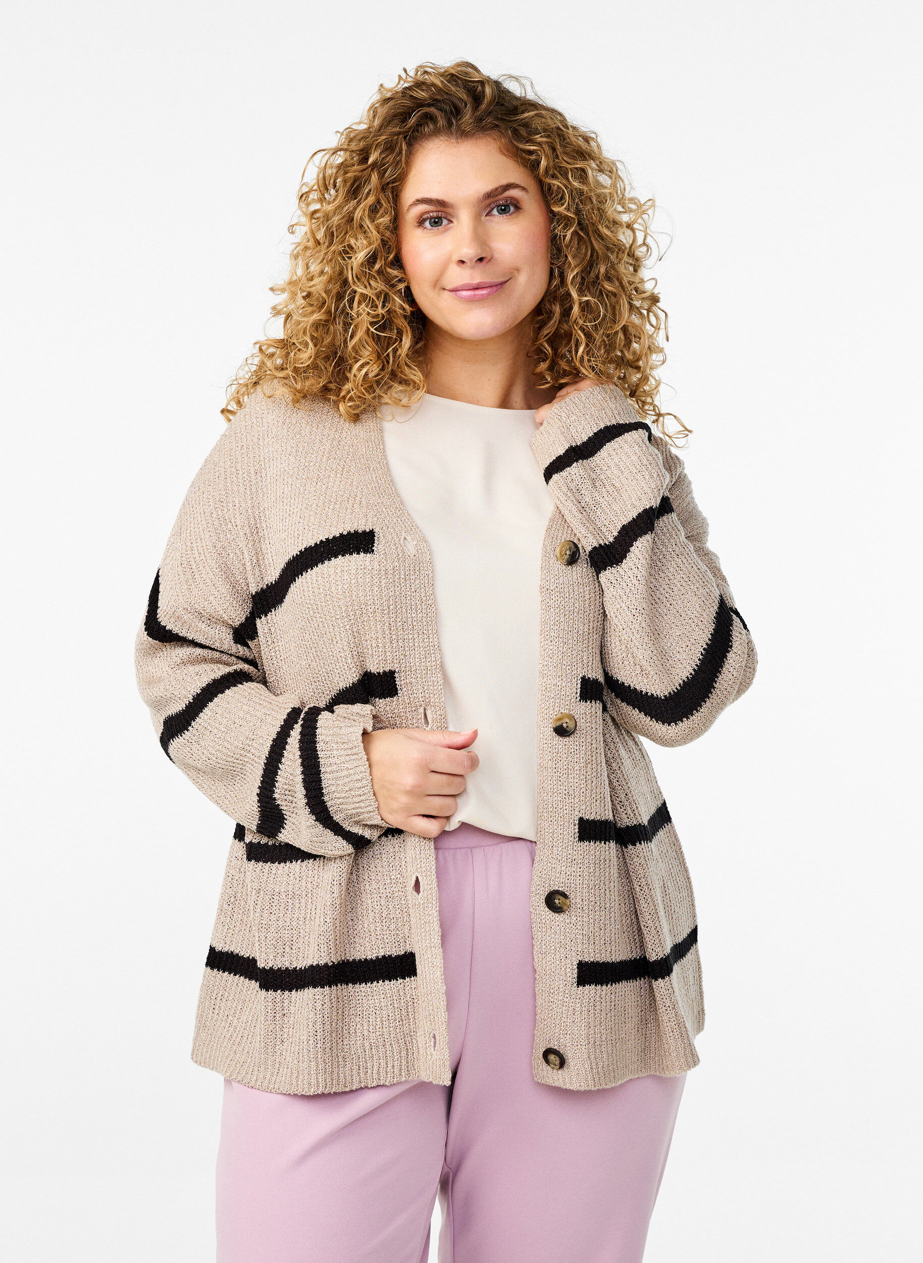 Zizzi FLASH - Strikket cardigan med striber og knapper, Beige, Model image number 0
