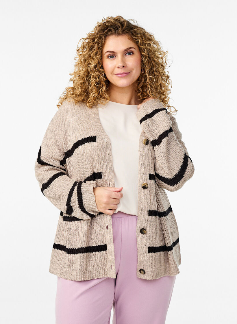 FLASH - Strikket cardigan med striber og knapper, Beige, Model image number 0