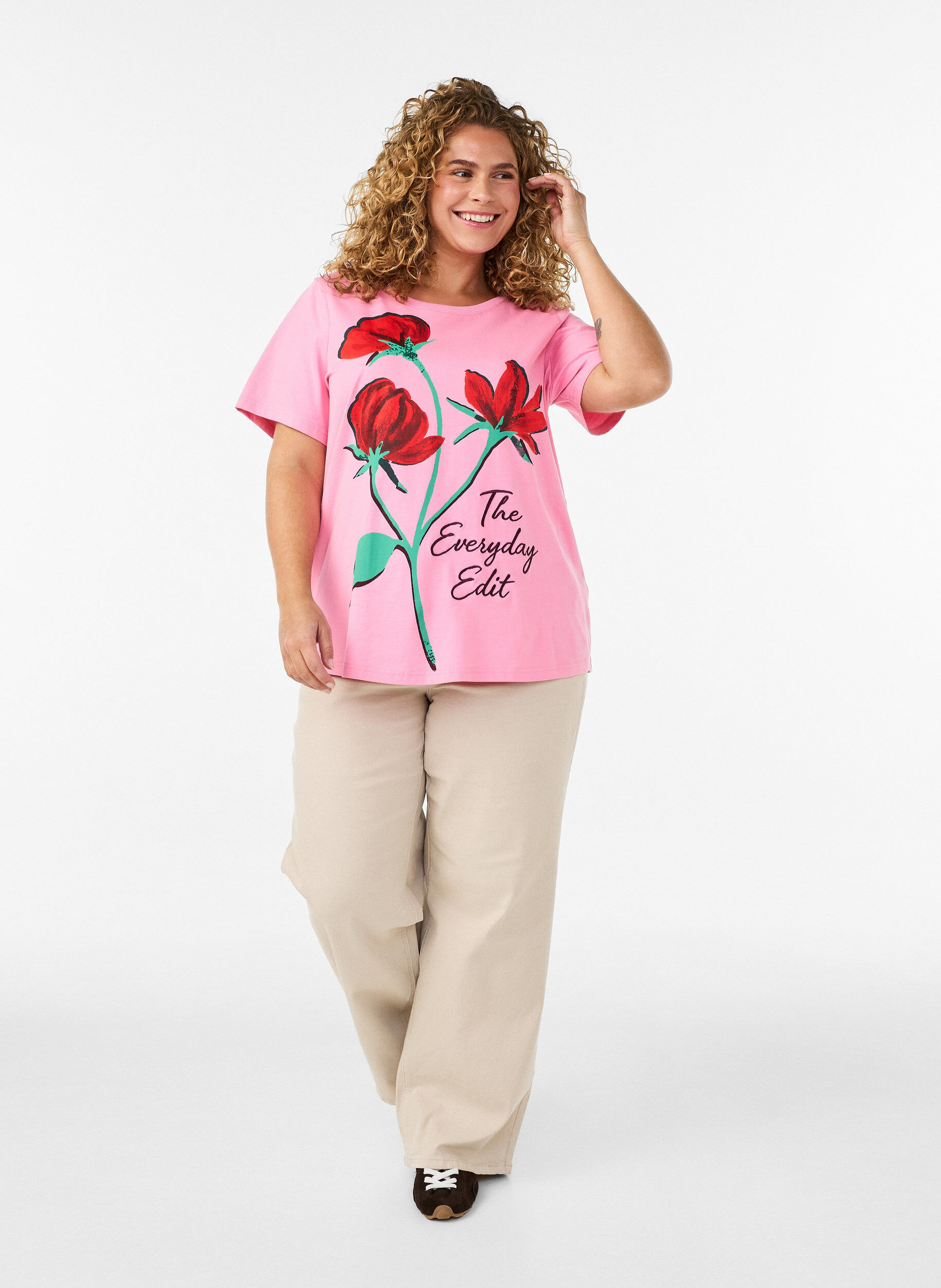 ZizziT-shirt i bomuld med print foran, Lyser&oslash;d, Model image number 1